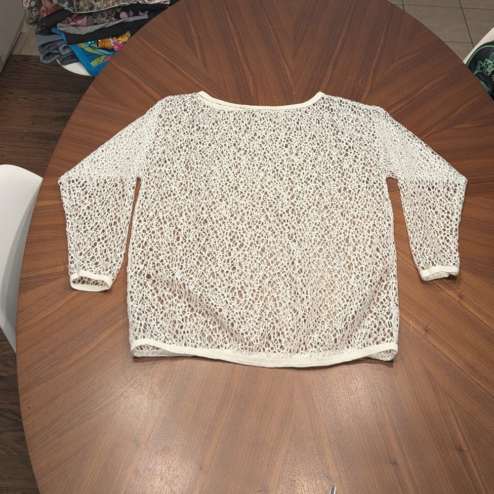 Yiki Heat Mesh Top Women XL Cream Excellent Open Knit Long Sleeve Beach Coverup